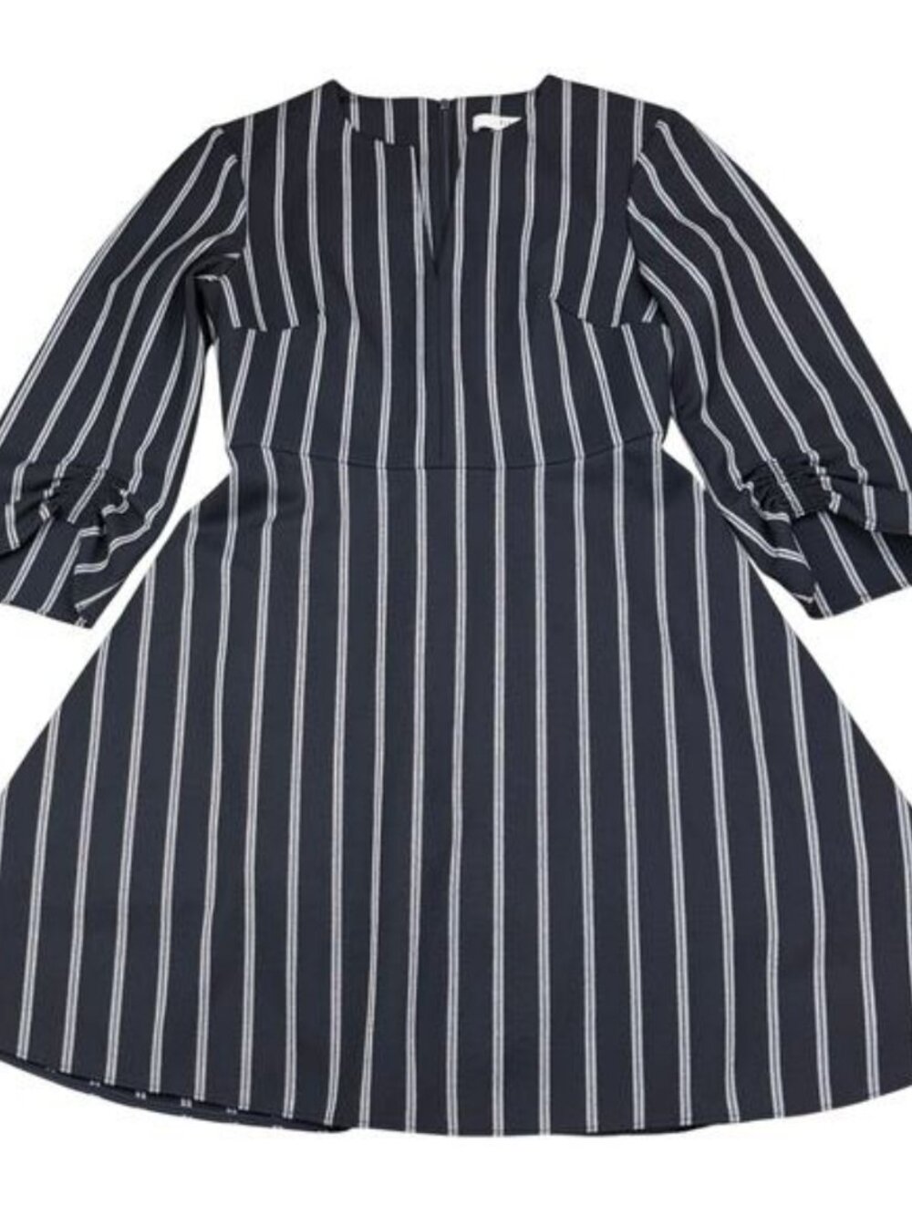 TIBI Felix Split Neck Gathered Blouson Sleeve Pinstripe Dress Size 2 Navy White - Picture 3 of 7